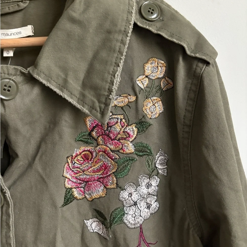 Maurices Floral Embroidered Olive Green Twill Jacket NEW